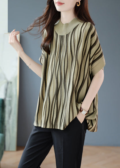 Novelty Khaki O-neck Striped Patchwork Cozy Knit Sweaters Fall