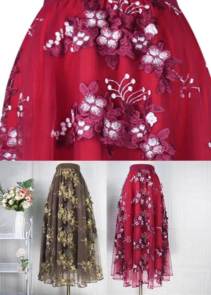 Novelty Mulberry Embroideried Elastic Waist Tulle a Line Skirt Spring