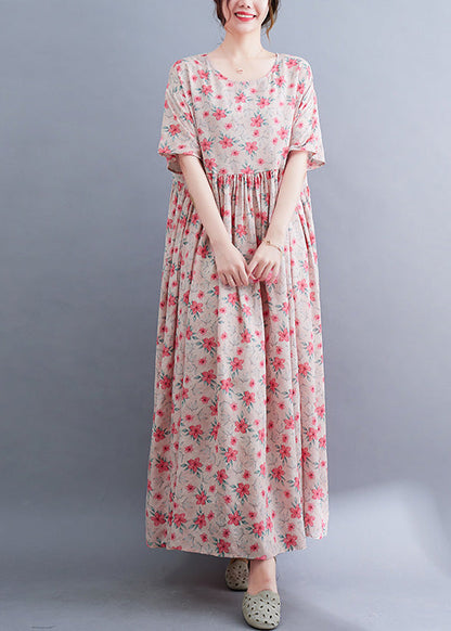 Novelty Pink O-neck Patchwork Print Cotton Maxi Dresses Summer