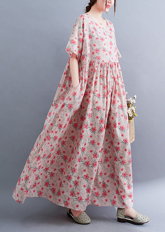 Novelty Pink O-neck Patchwork Print Cotton Maxi Dresses Summer