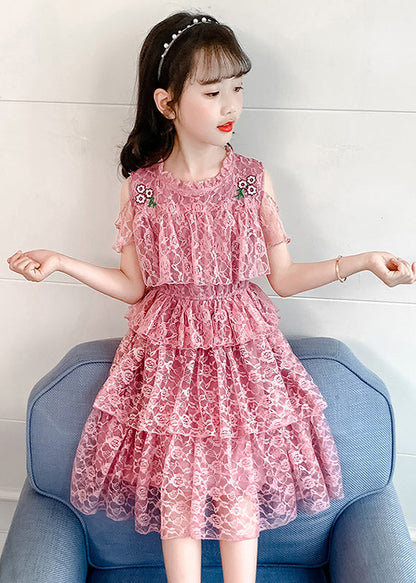 Novelty Pink O-neck Ruffled Patchwork Long Dresses Short Sleeve