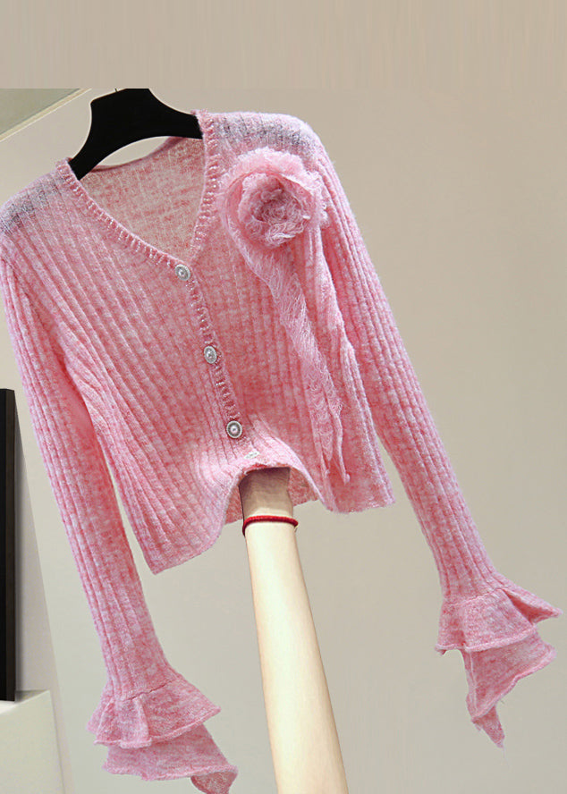 Novelty Pink Ruffled Nail Bead Cotton Knit Sweater Spring