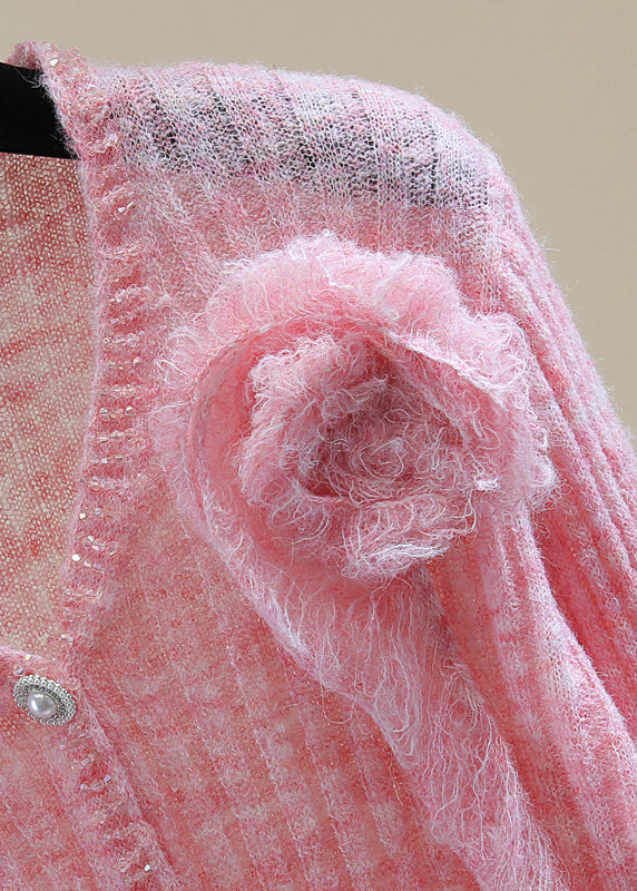 Novelty Pink Ruffled Nail Bead Cotton Knit Sweater Spring