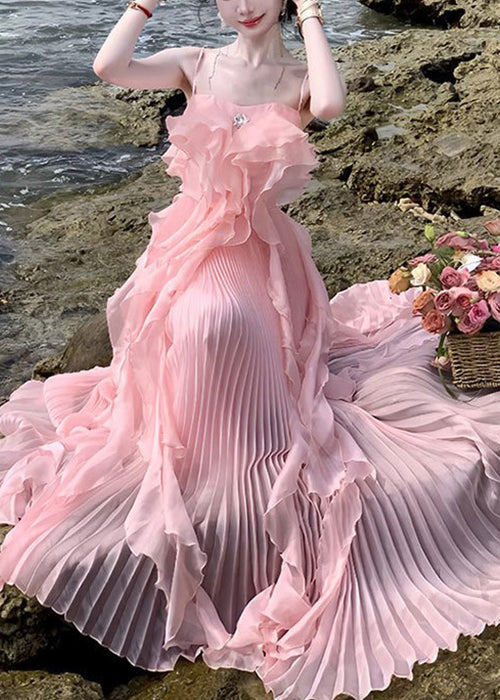 Novelty Pink Ruffled Chiffon Spaghetti Strap Dress Sleeveless