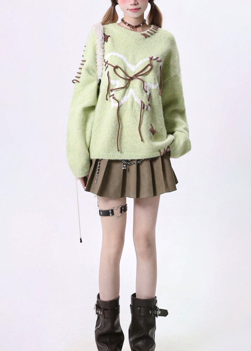 Novelty Green O Neck Lace Up Knit Sweaters Spring