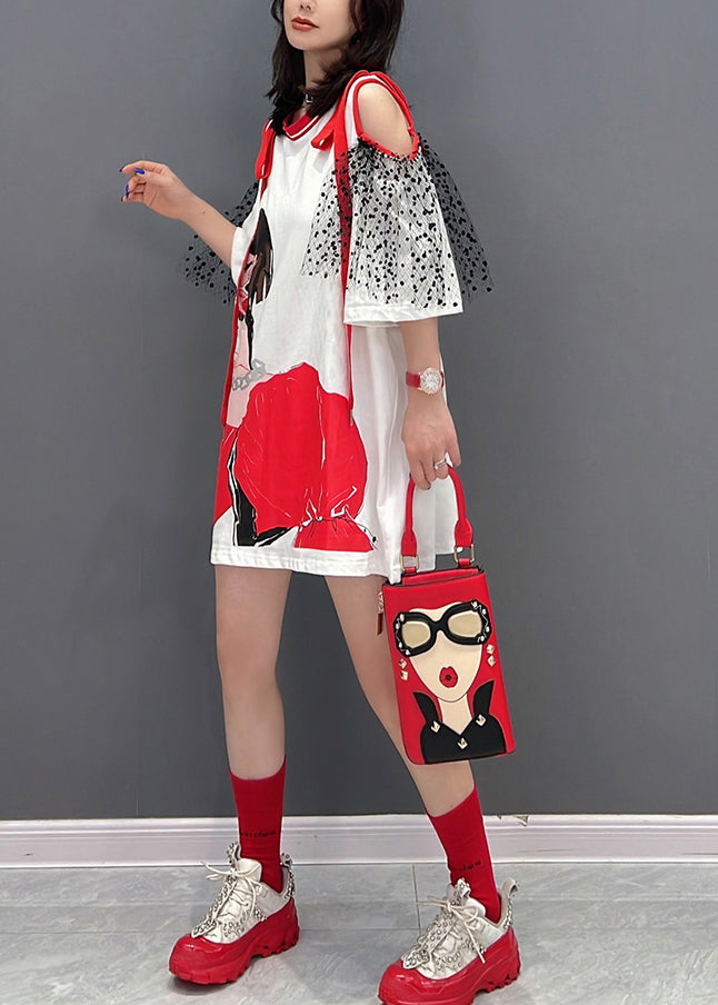 Novelty White O-neck Tulle Patchwork Belle Mid Dress Half Sleeve