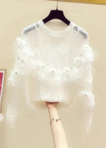Novelty White Patchwork Nail Bead Knit Sweaters Spring