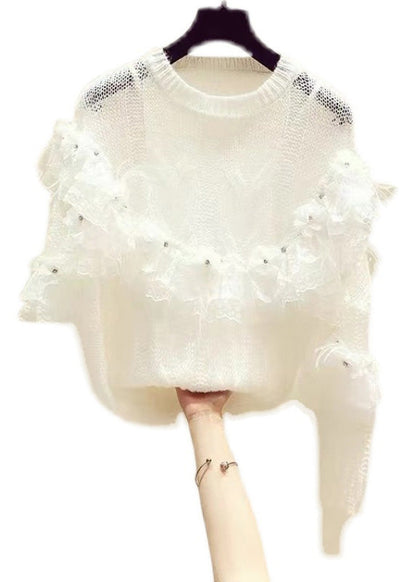 Novelty White Patchwork Nail Bead Knit Sweaters Spring