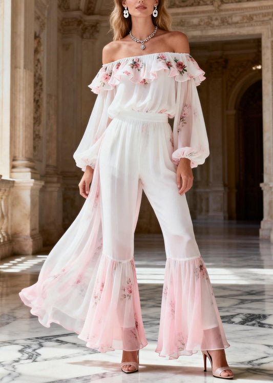 Novelty White Ruffled Print Chiffon Top and Flared Trousers Two Piece Suit Set Spring
