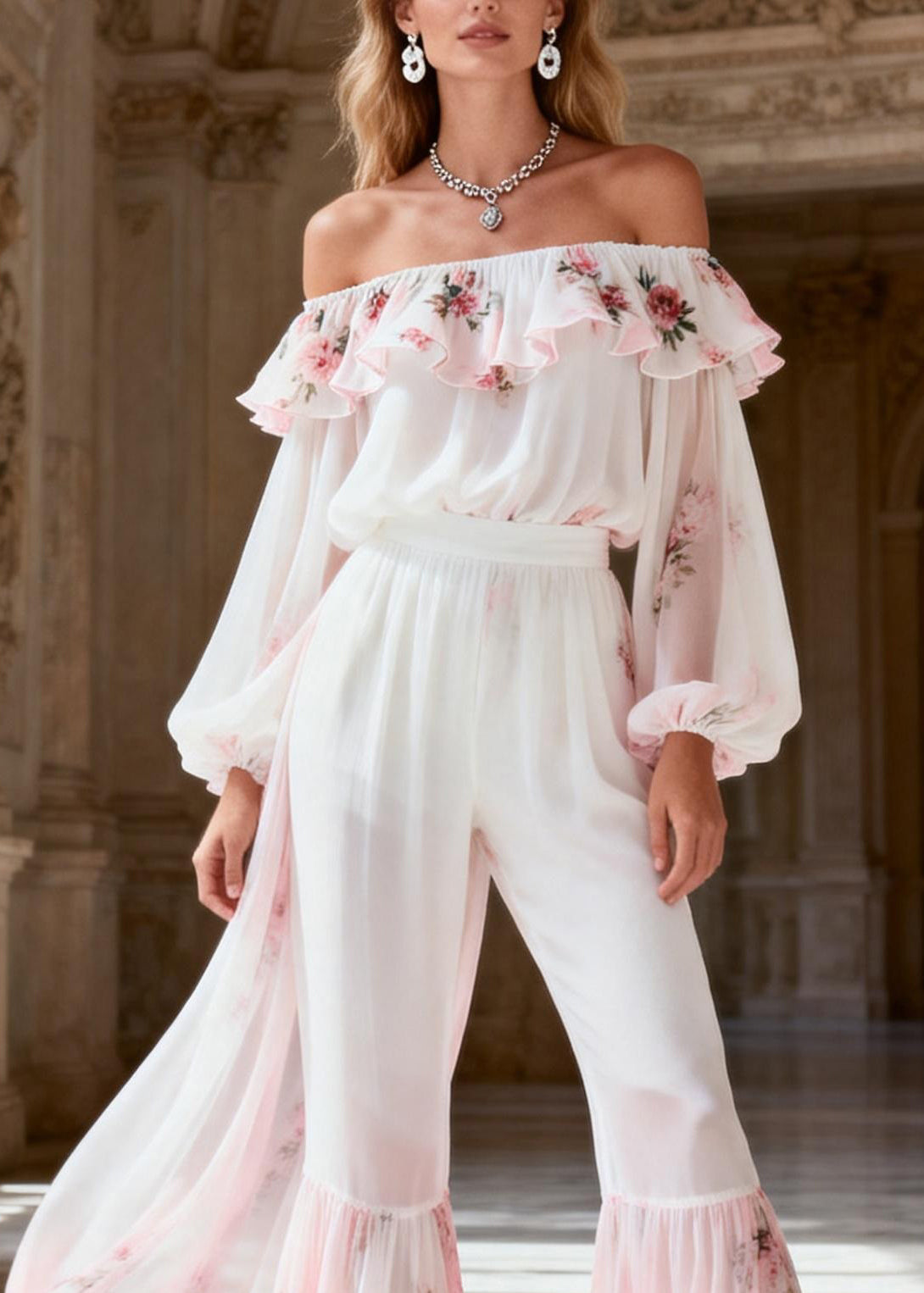 Novelty White Ruffled Print Chiffon Top and Flared Trousers Two Piece Suit Set Spring