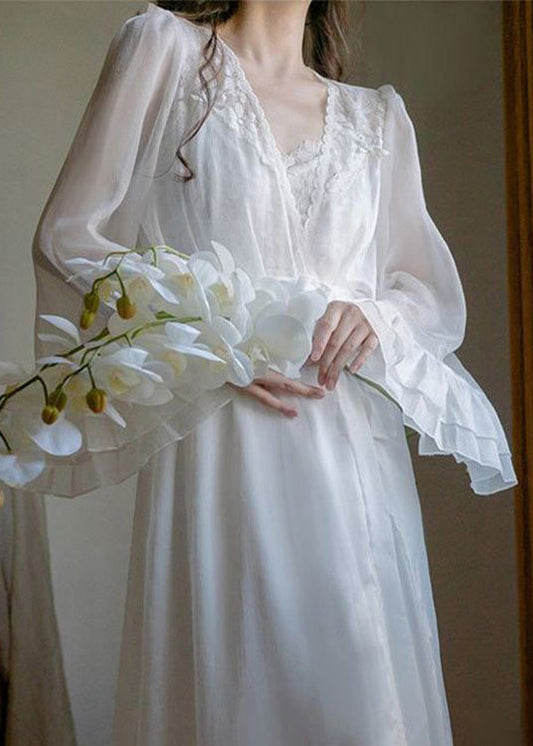 Novelty White V Neck Embroideried Chiffon Cardigans and Slip Dress Two Pieces Set Summer