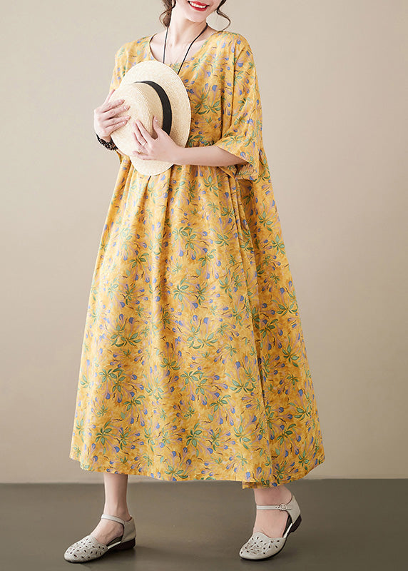 Novelty Yellow O-neck Print Patchwork Cozy Cotton Maxi Dress Summer