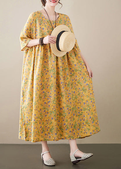 Novelty Yellow O-neck Print Patchwork Cozy Cotton Maxi Dress Summer