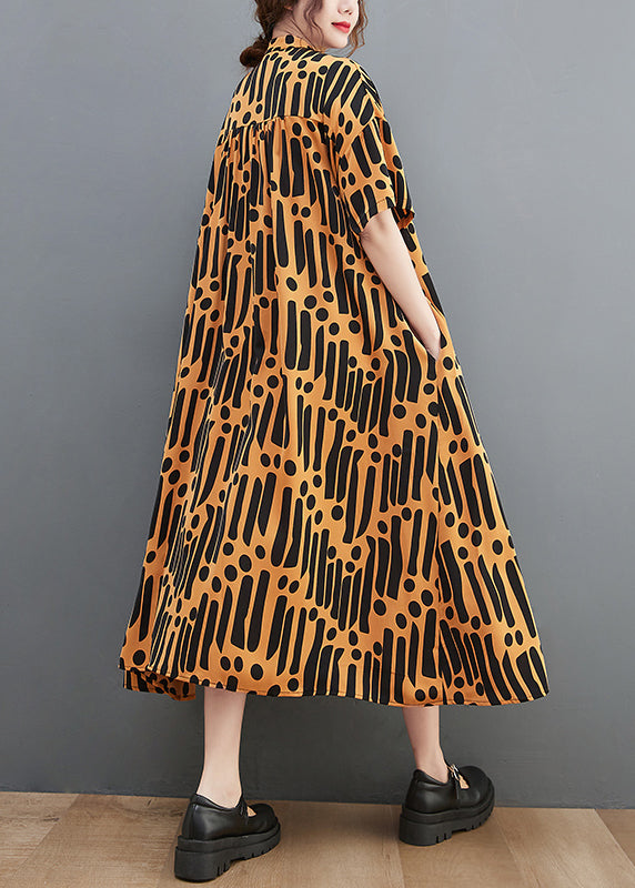 Novelty Yellow Stand Collar Ruffles Print Chiffon Patchwork Shirt Dress Short Sleeve