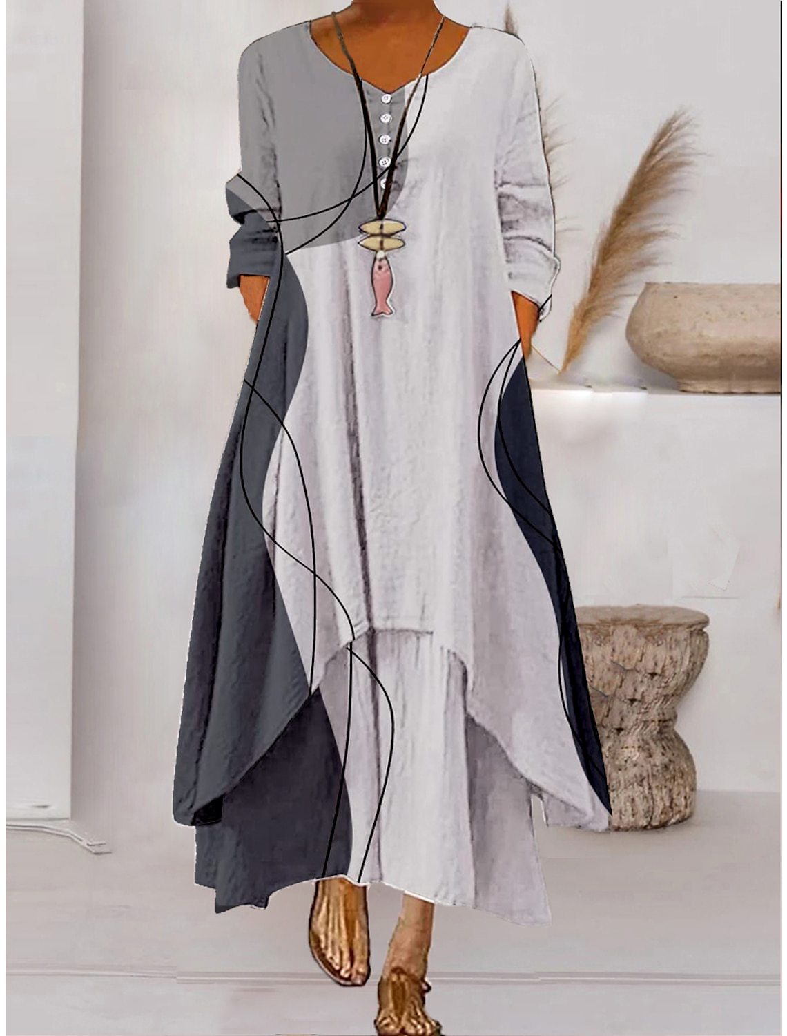KS | Long-sleeved maxi dress - button neckline