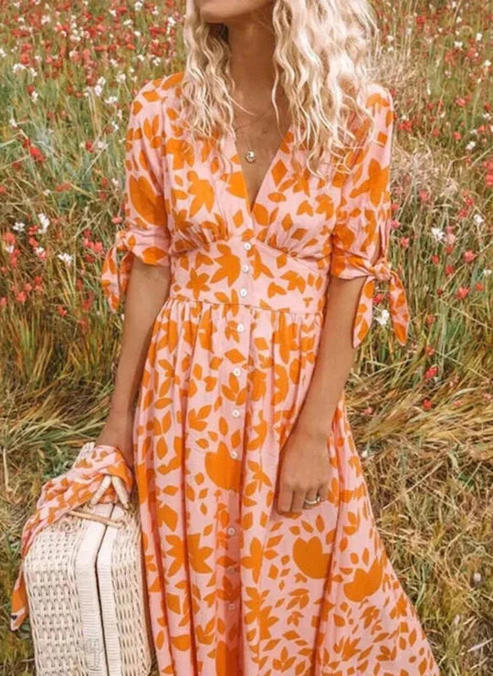 KS | Maxi dress with floral V-neckline