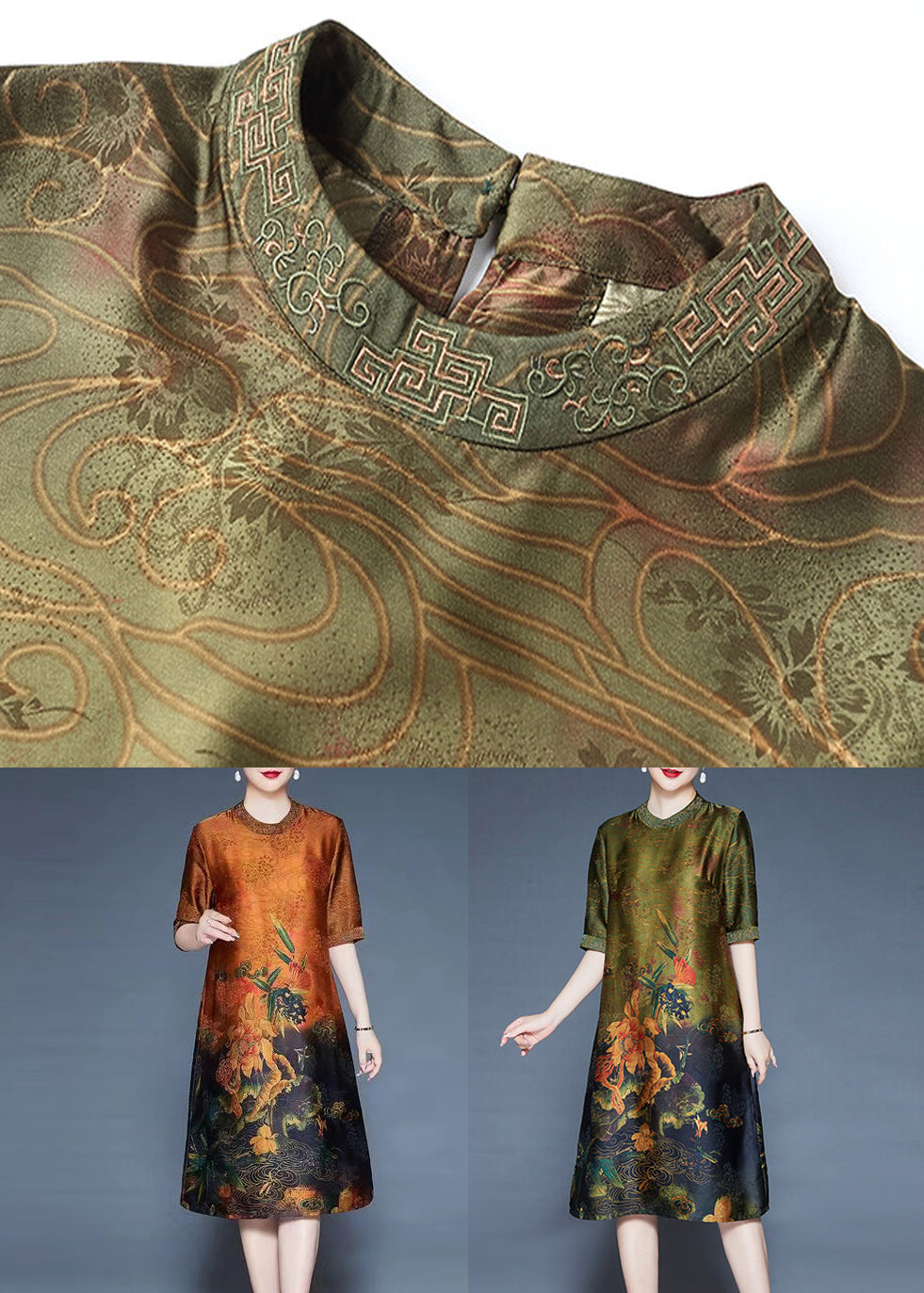 Orange Button Print Silk Dresses O-neck Short Sleeve