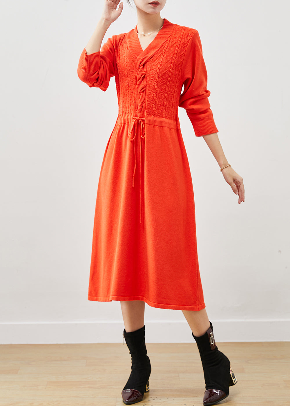 Orange Cable Knit a Line Dress Cinched Spring
