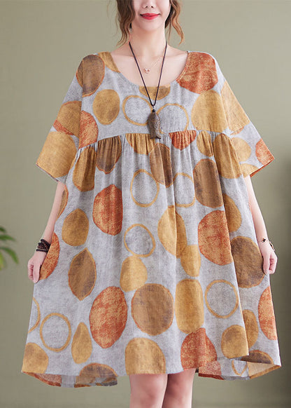 Orange Dot Print Cotton Vacation Dresses O-neck Wrinkled Short Sleeve