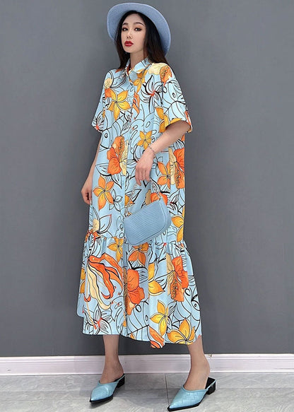 Orange Print Patchwork Shirt Dress Button Wrinkled Short Sleeve