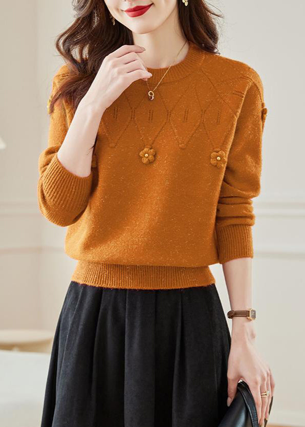 Orange Hollow Out Knit Fall Sweaters O Neck