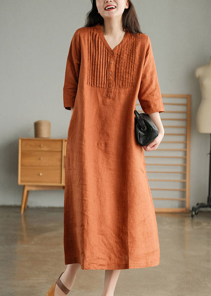 Light Green Loose Linen Long Dresses Button Half Sleeve