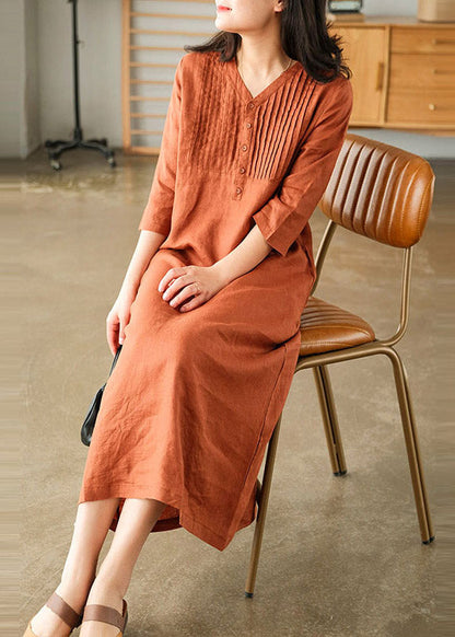 Orange Loose Linen Long Dresses Button Half Sleeve
