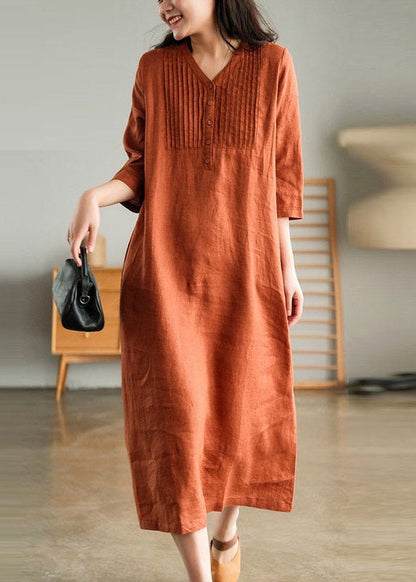 Yellow Loose Linen Long Dresses Button Half Sleeve