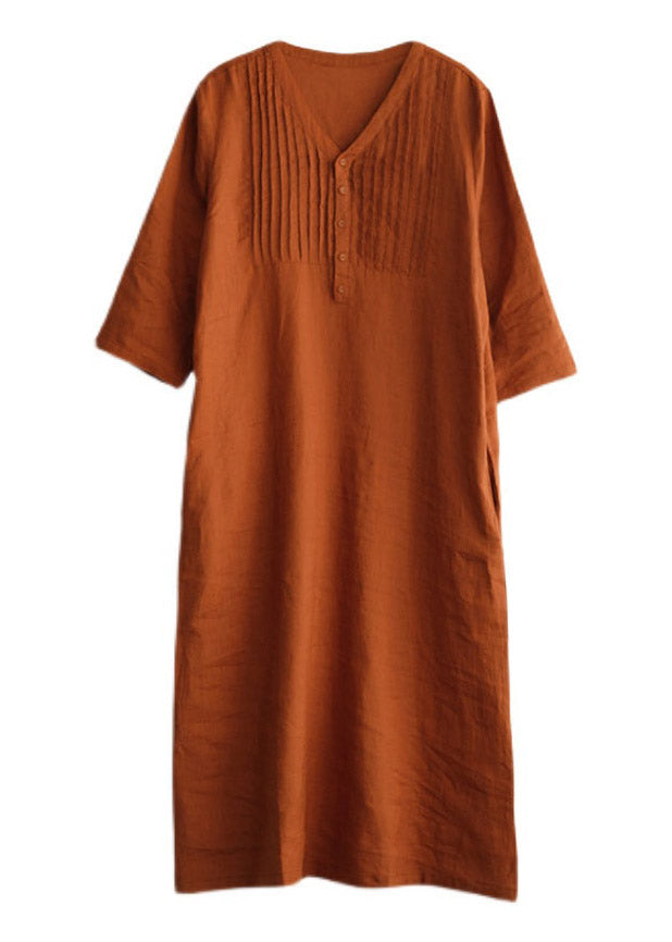 Yellow Loose Linen Long Dresses Button Half Sleeve