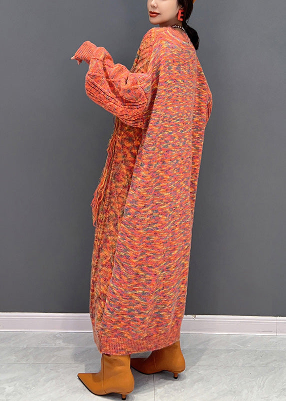 Orange O-neck Tassel Knit Holiday Maxi Sweaters Dress Winter