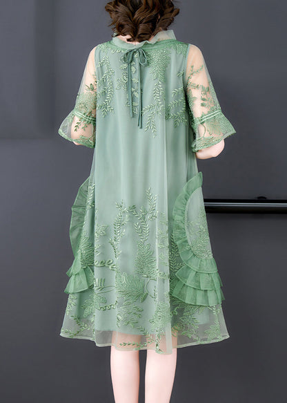 Orange Patchwork Tulle Mid Dress Embroideried Ruffled Summer