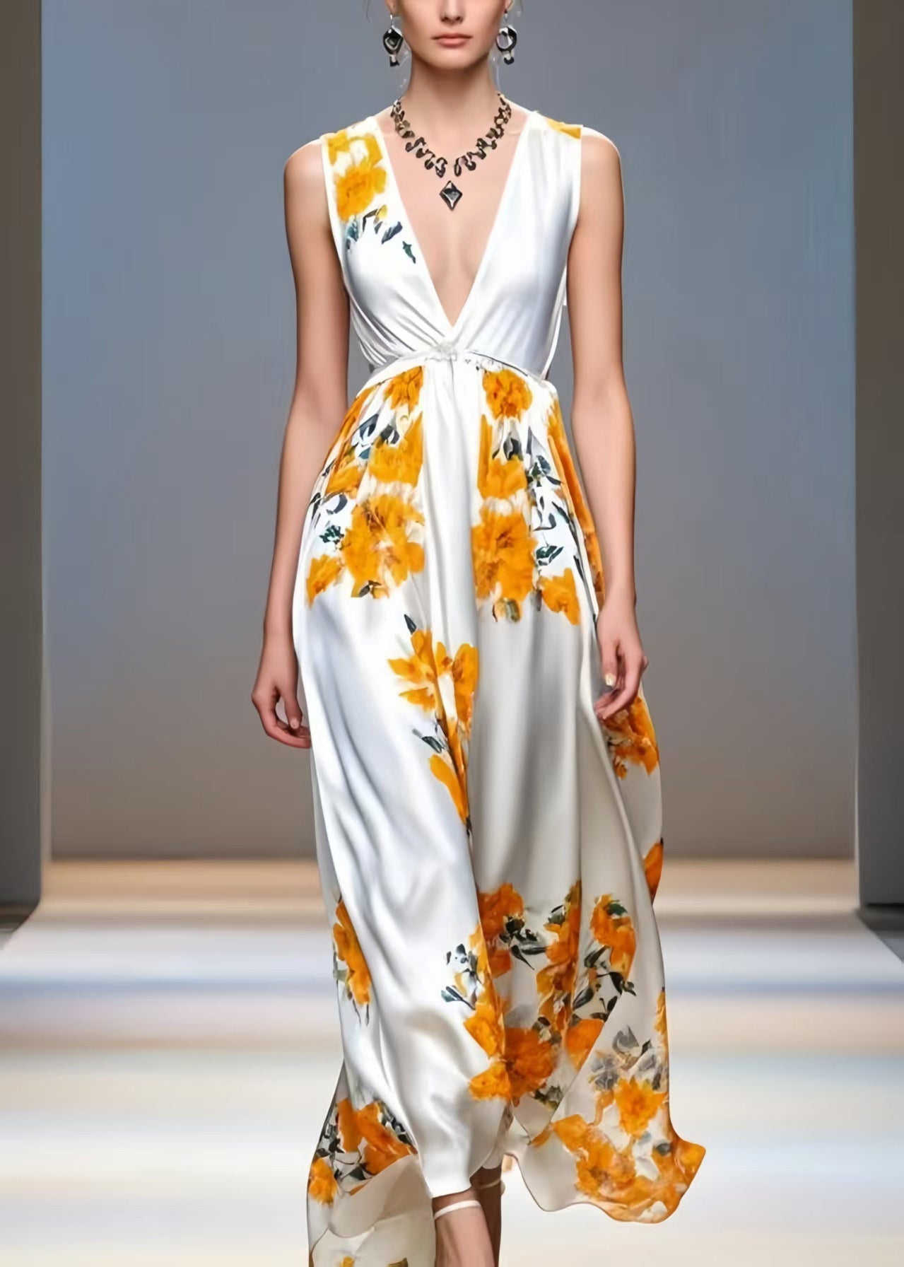 Orange Print Draping Silk Sundresses Deep-v Neck Sleeveless