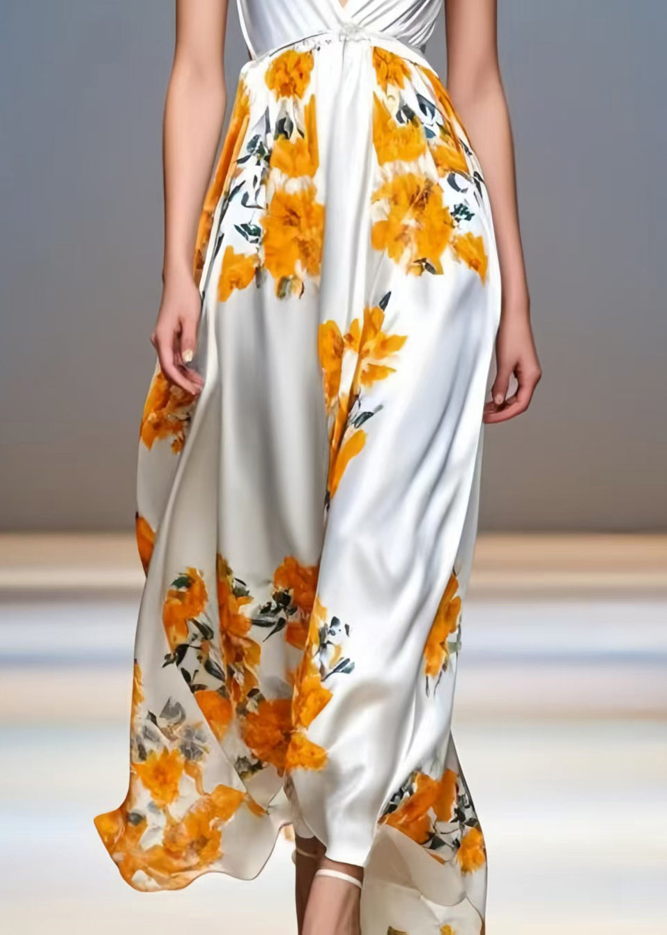 Orange Print Draping Silk Sundresses Deep-v Neck Sleeveless