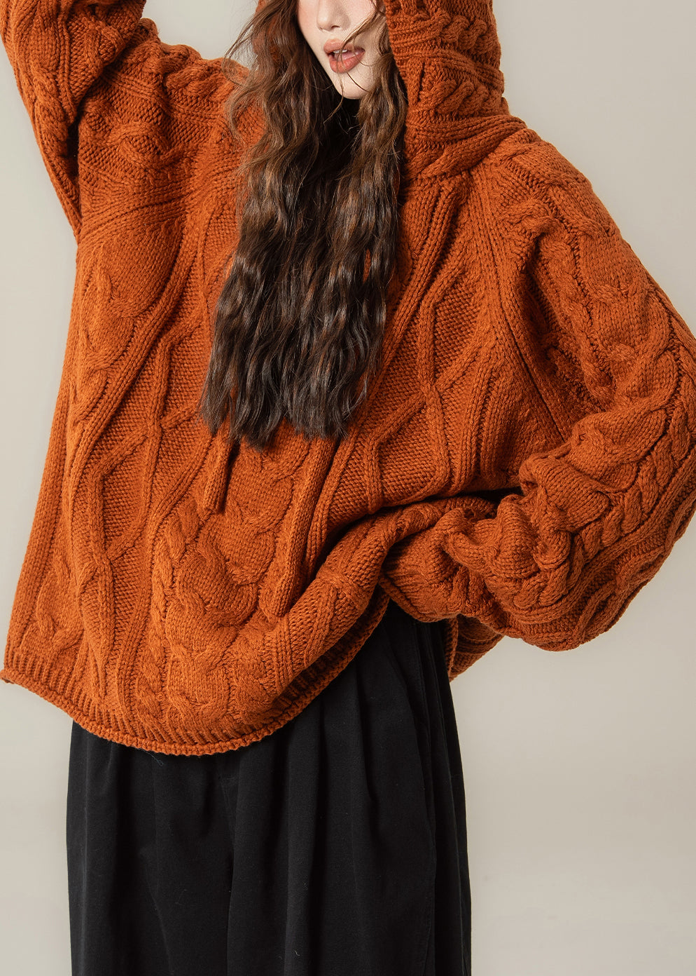 Orange Oversized Cable Knit Spring Top Hooded