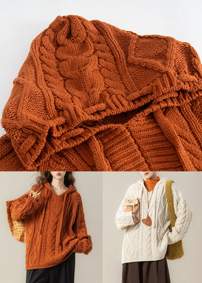 Orange Oversized Cable Knit Spring Top Hooded