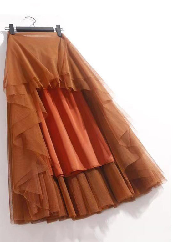 Orange Wrinkled Tulle Summer Skirts High Waist