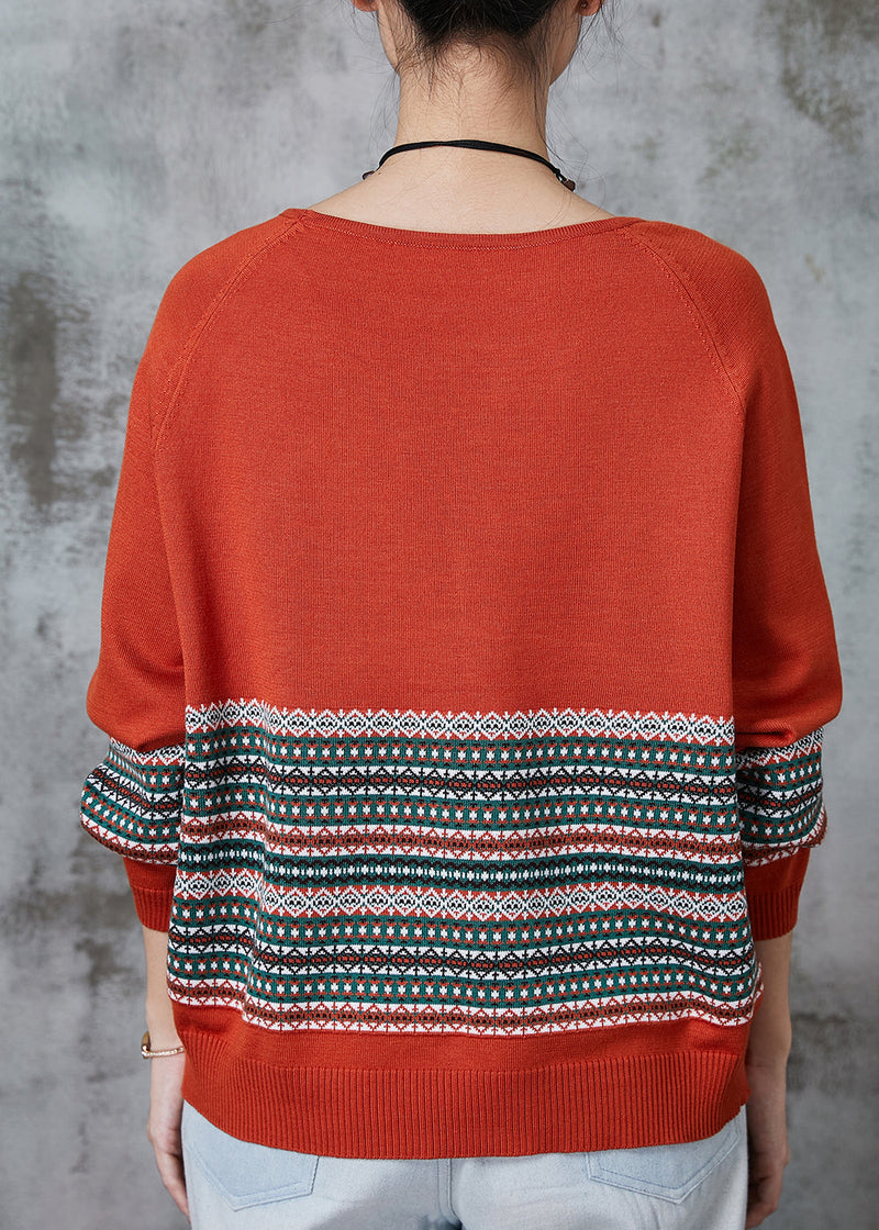 Orange Striped Knitted Tops O-neck Oversized Spring