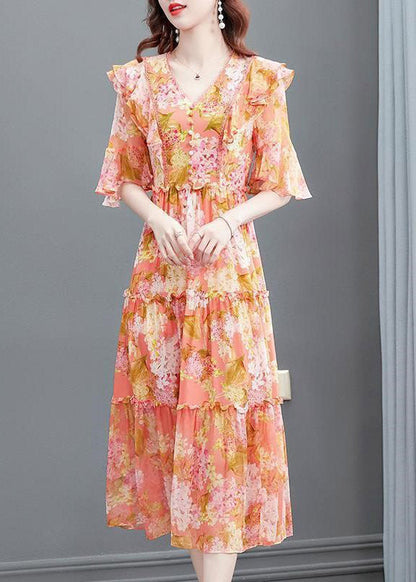 Orange V Neck Print Ruffled Wrinkled Silk Party Long Dress Flare Sleeve
