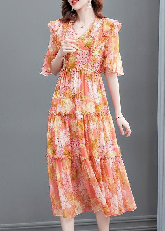 Orange V Neck Print Ruffled Wrinkled Silk Party Long Dress Flare Sleeve