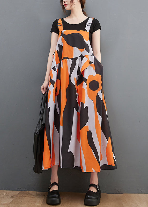Orange Print Patchwork Long Spaghetti Strap Dresses Ruffles Summer