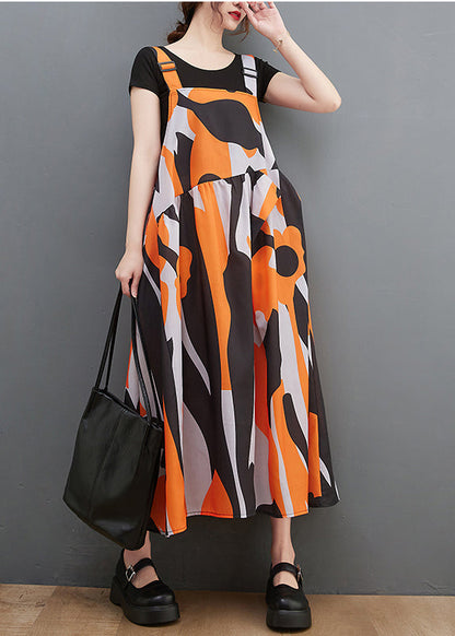 Orange Print Patchwork Long Spaghetti Strap Dresses Ruffles Summer
