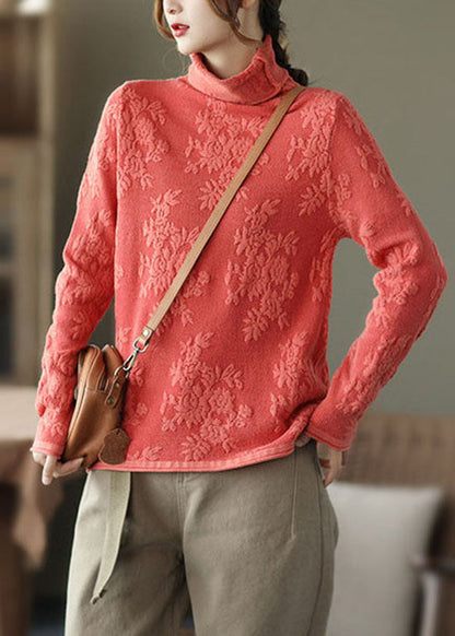 Orange Thick Knit Sweater Tops Jacquard Spring