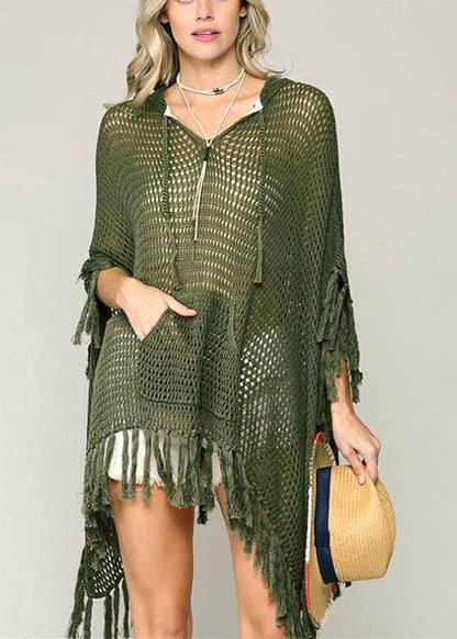 Organic Army Green Knit Fabric Hooded Tassel Beach Gown Holiday Dress