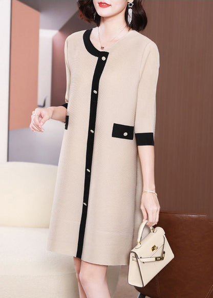 Organic Beige O-neck Patchwork Wrinkled Holiday Dress Half Sleeve