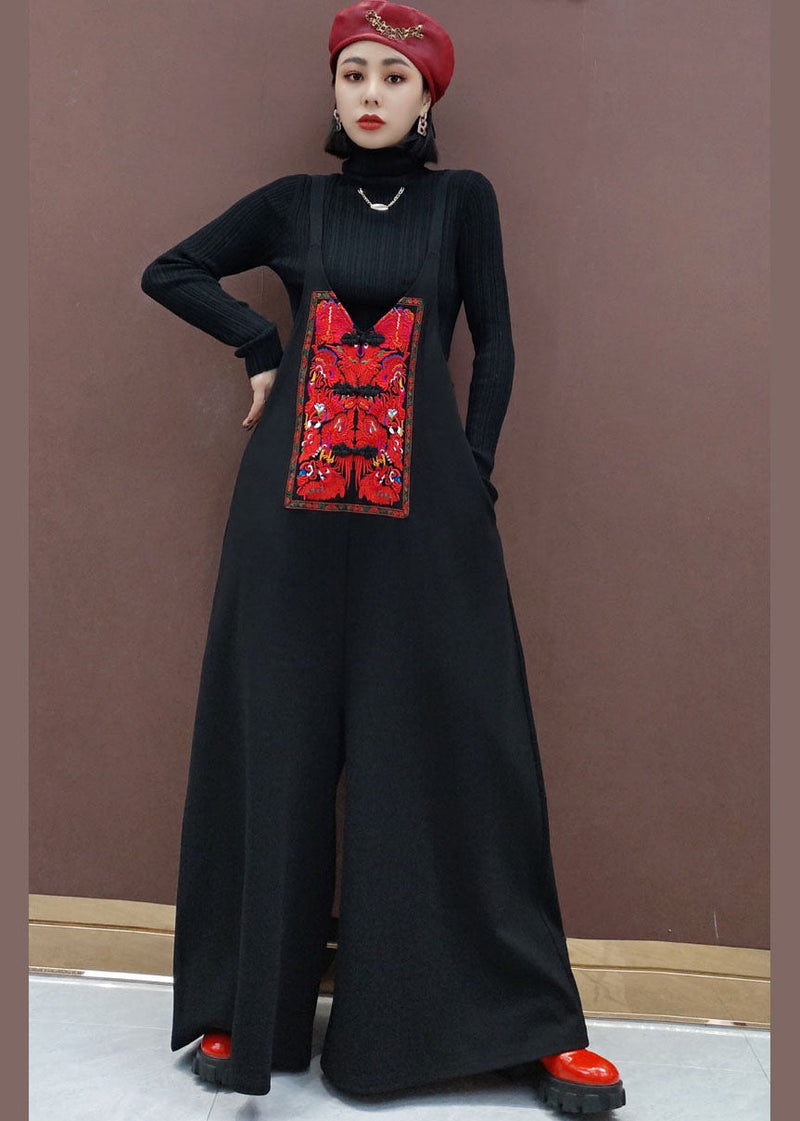 Organic Black Embroideried Wide Leg Pants Jumpsuit Spring