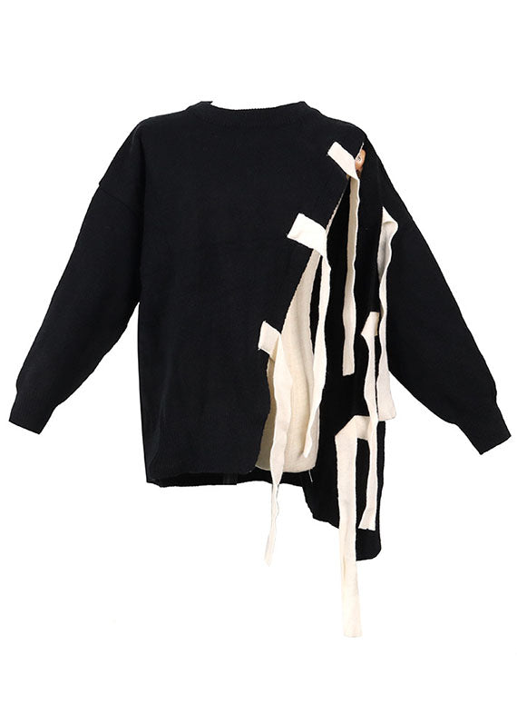 Organic Black O-neck Patchwork Asymmetrical Design Fall Knit Knitted Sweaters