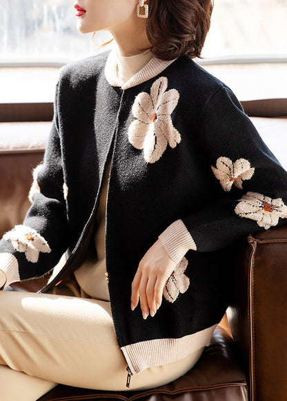 Organic Black O-neck Print Zippered Cotton Knit Cardigans Fall
