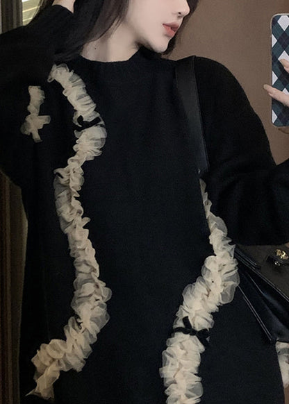 Organic Black O-neck Tulle Patchwork Thick Knit Sweaters Fall
