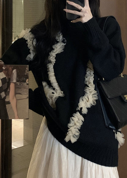 Organic Black O-neck Tulle Patchwork Thick Knit Sweaters Fall