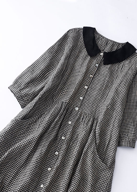 Organic Brown Plaid Peter Pan Collar Patchwork Linen Dresses Summer